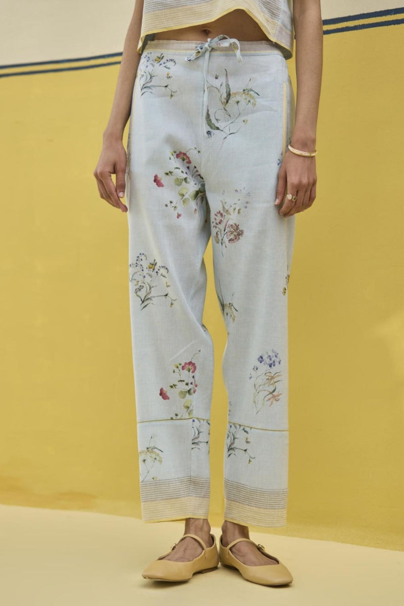 Ema Watercolour Floral Linen Pant - Sky by Manan in blue color for women Worldwide