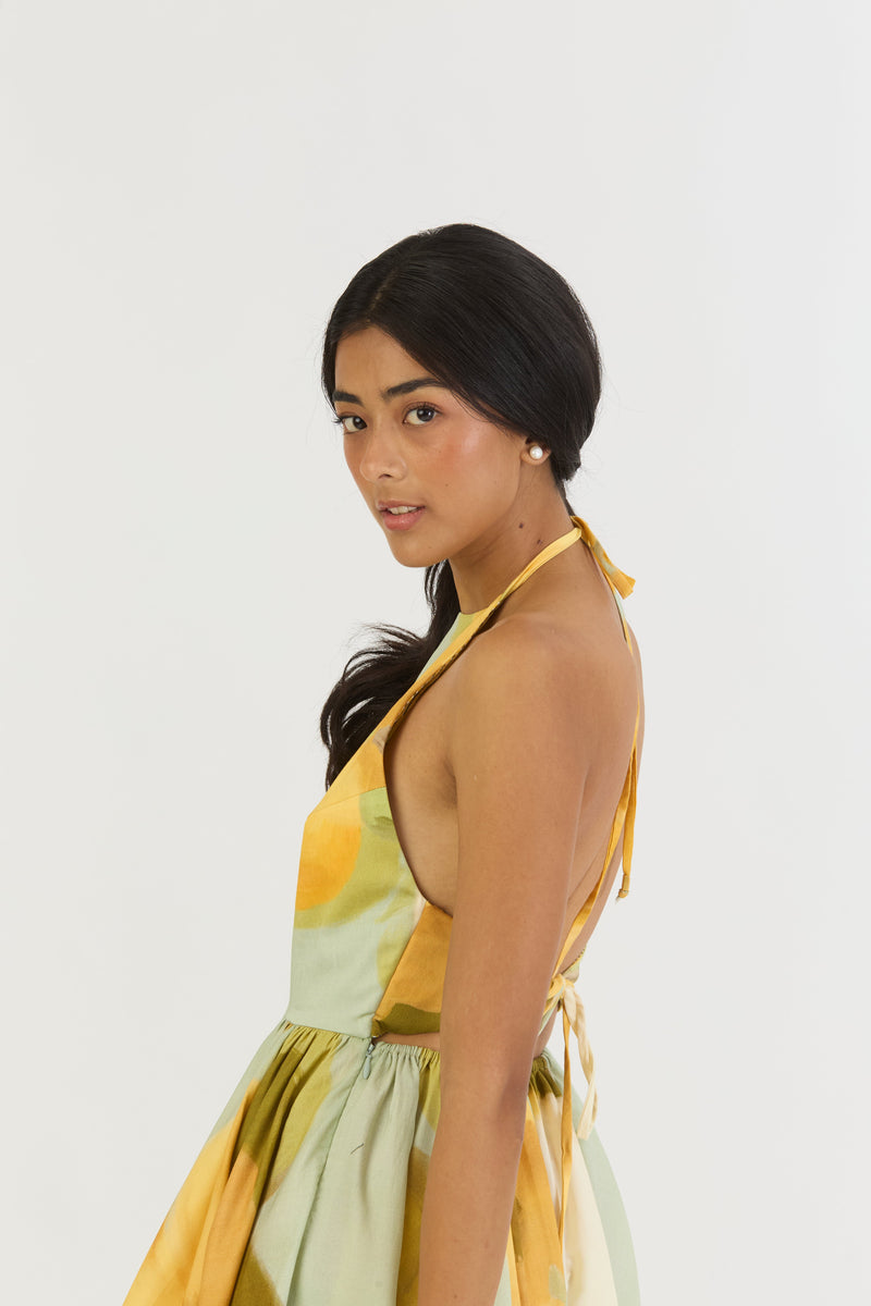 LEMONADE HALTER NECK DRESS satin by Yam in yellow color for women Worldwide