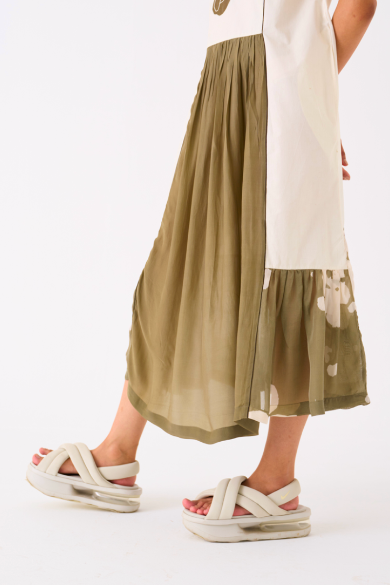 FLORAL PANELLED DRESS-IVORY/OLIVE poplin by THREE in olive color for women Worldwide
