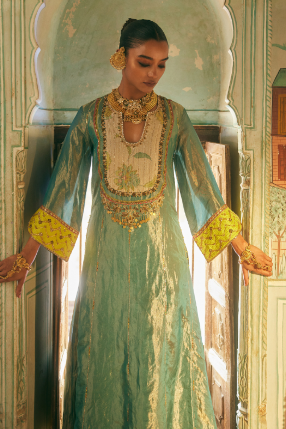 Khel Teal Tissue Yoke Kurta Set