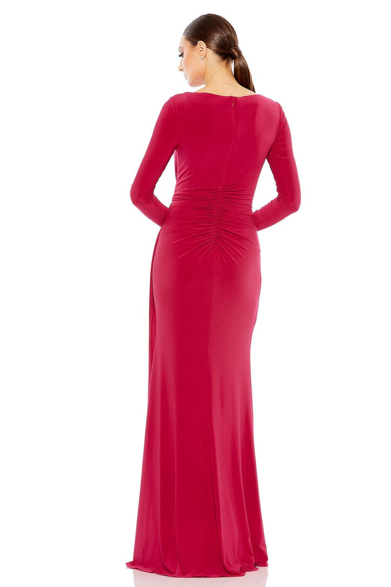 26714-Ruched Long Sleeve Cowl Neck Gown by Mac Duggal in pink color for women Worldwide