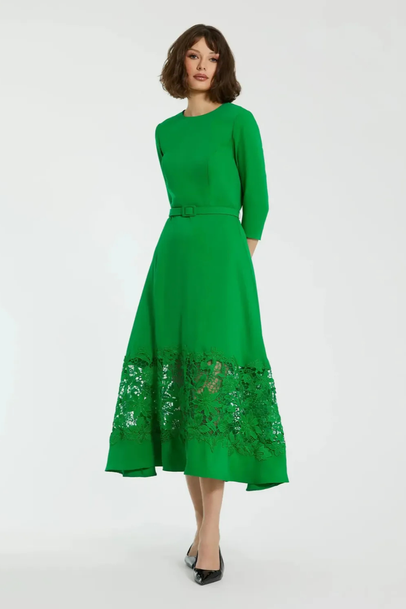 Green Crepe Boat Neck Midi Dress With Applique Cut Out by Mac Duggal in green color for women Worldwide