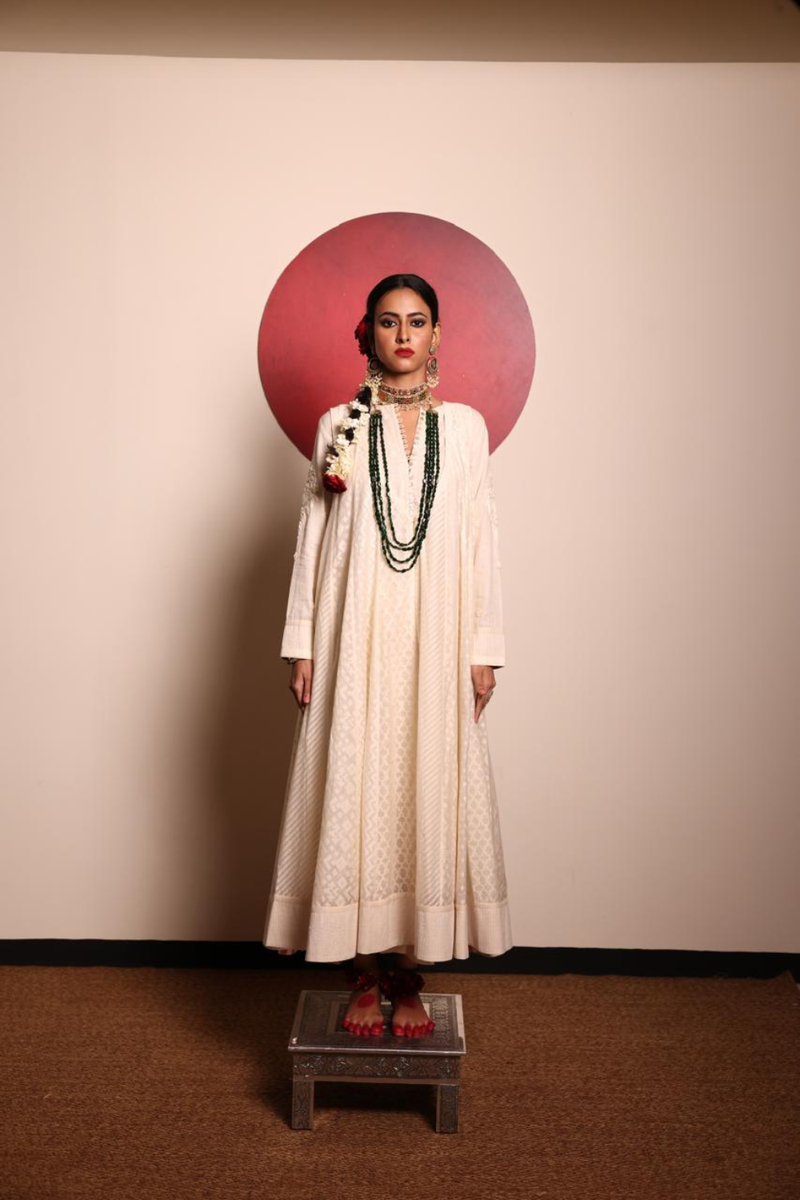Off-white Organic Lucknowi Panelled Anarkali cotton by Sabo by Sabina for women Worldwide
