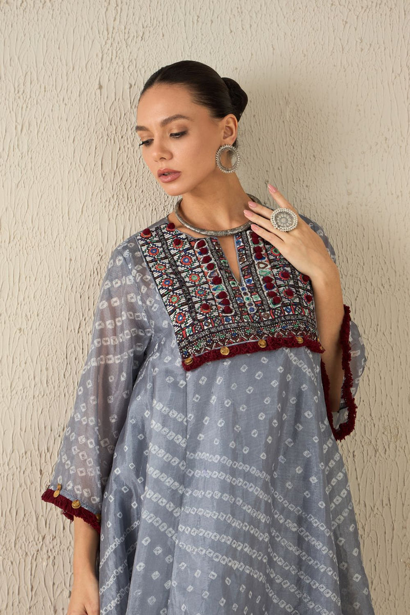 AFGHANI BANDHANI SET - Light Grey silk by Aavidi in yellow color for women Worldwide