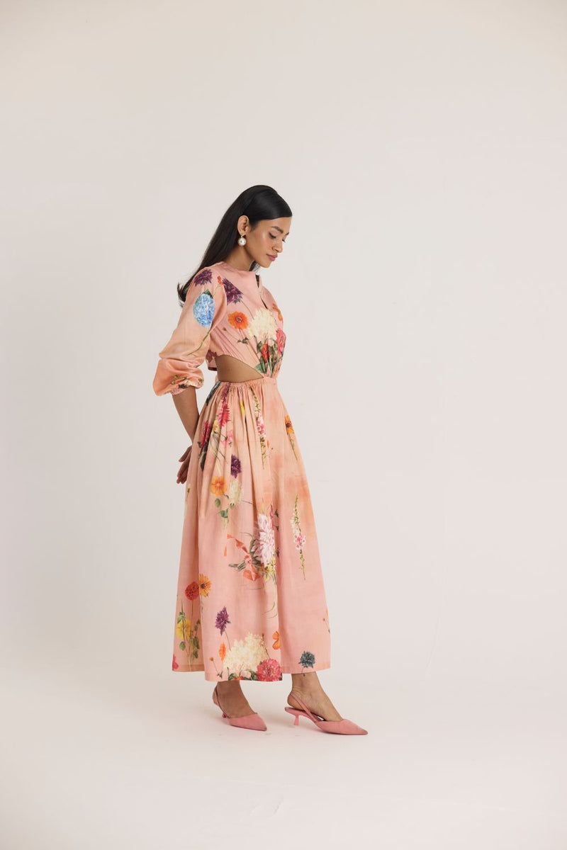 BUTTERCUP BOTH SIDE CUT DRESS satin by Yam in peach color for women Worldwide
