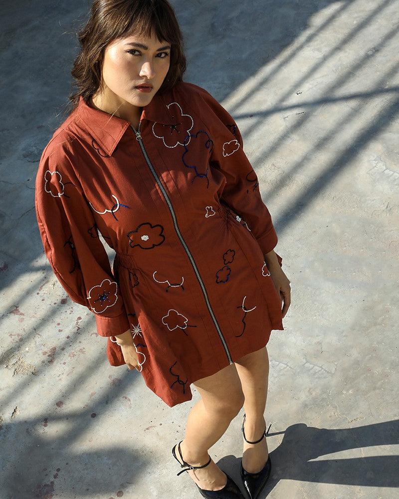 Embroidered bubble hem dress 100% cotton by Leh Studios in brown color for women Worldwide