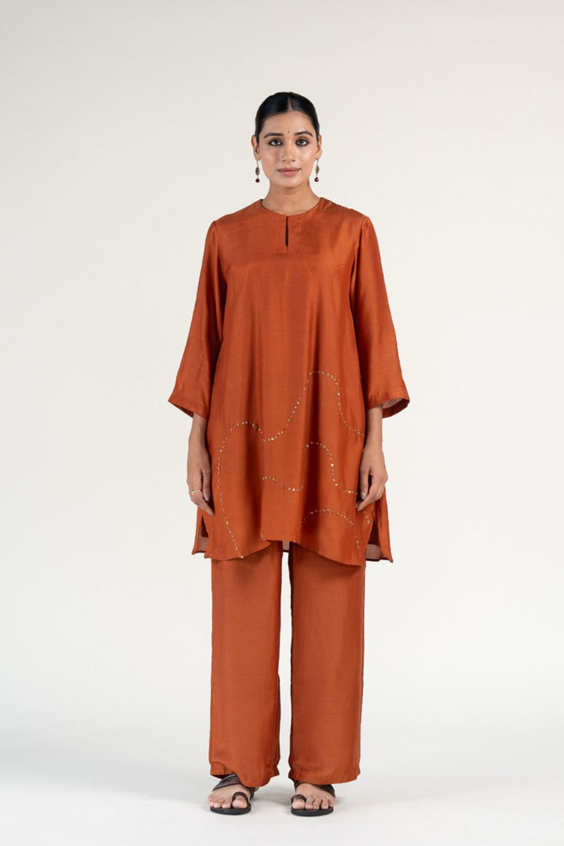 Mehr Kurta Set-Rust silk by Nirjara in rust color for women Worldwide