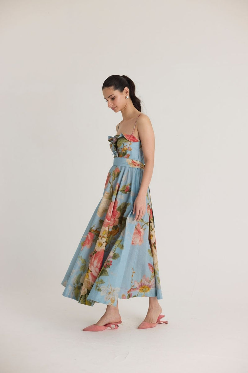 TAFFY COTTON FRILLS DRESS cotton by Yam in blue color for women Worldwide