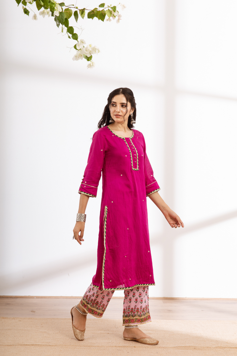 Rasika Gulabi Kurta Set - pink hand block printed chanderi kurta set chanderi by Maison Shefali in pink color for women Worldwide