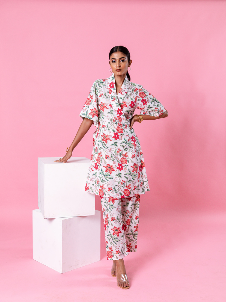 Pink Dahlia Kimono Co-Ord Co-ord Set by Marche in white color for women Worldwide