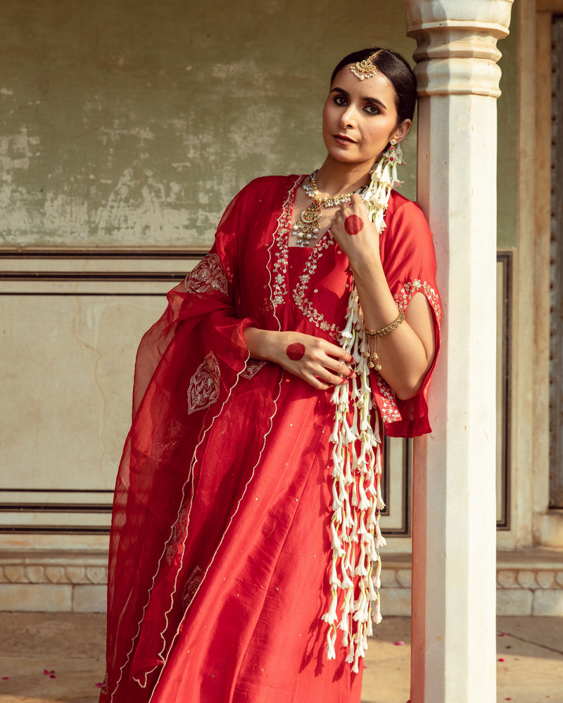 Deep Red Zari Embroidered Kalidar Set silk by Maison Shefali in red color for women Worldwide