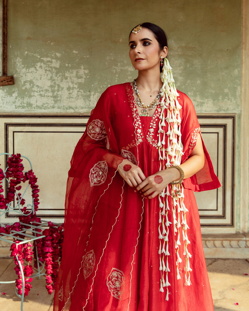 Deep Red Zari Embroidered Kalidar Set silk by Maison Shefali in red color for women Worldwide