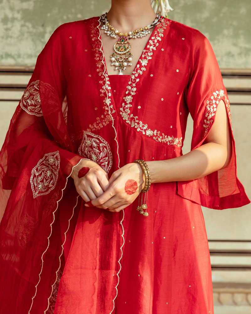 Deep Red Zari Embroidered Kalidar Set silk by Maison Shefali in red color for women Worldwide