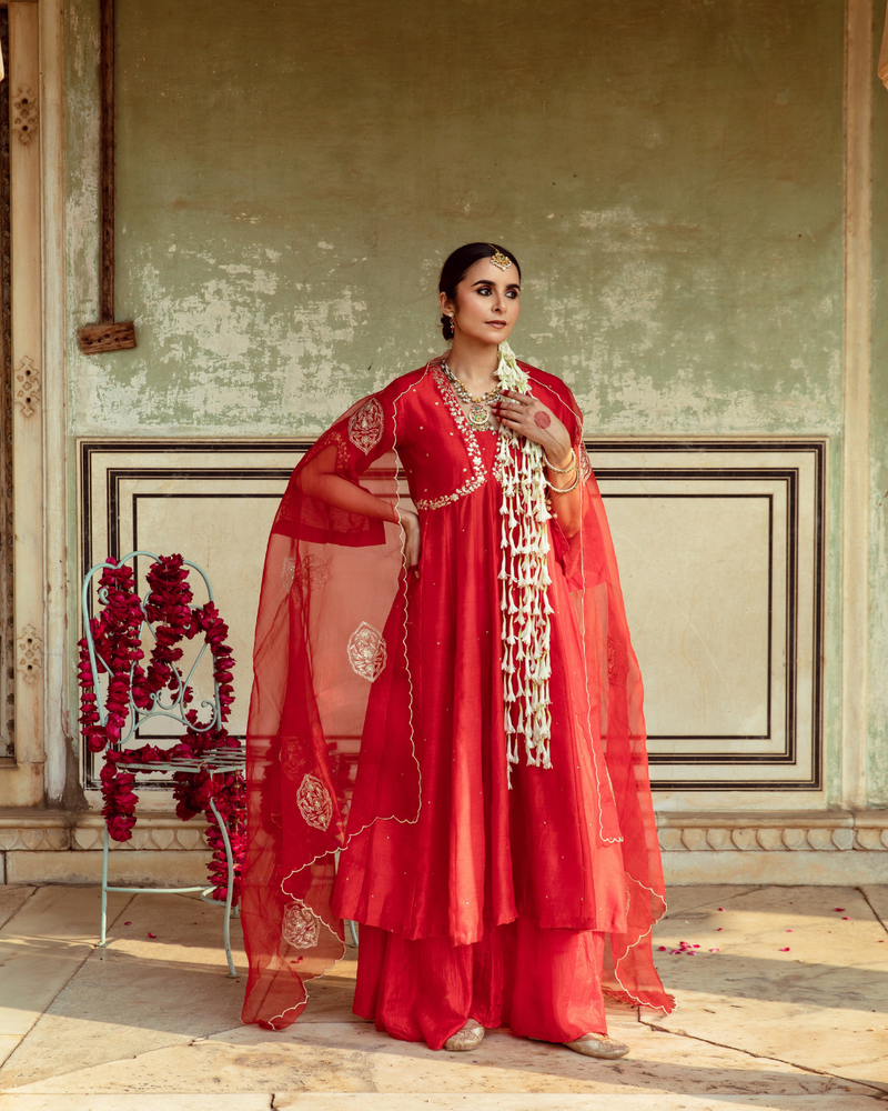 Deep Red Zari Embroidered Kalidar Set silk by Maison Shefali in red color for women Worldwide