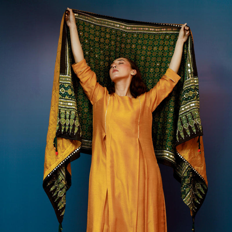 Dushala Green Ajrakh Reversible Wrap satin by PRAHNAAYA in green color for women Worldwide
