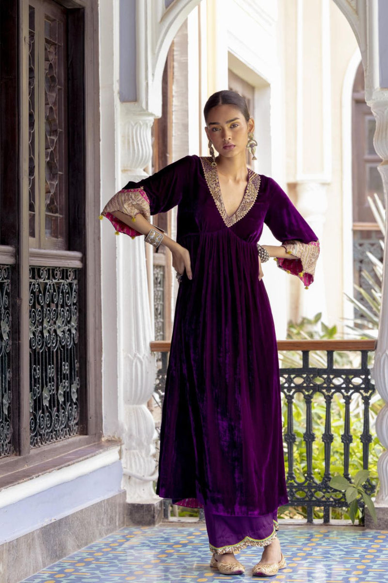 Fariba Purple Bell Sleeve Velvet Kurta Set Kurta Sets by Rajiramniq for women Worldwide