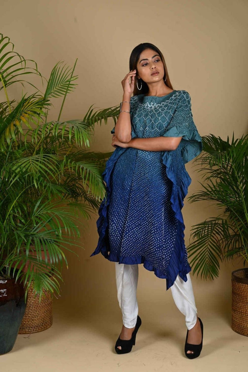 SUNFLOWER KAFTAN-GREY TO INDIGO BLUE SHADED silk by Dyelogue in multi color for women Worldwide
