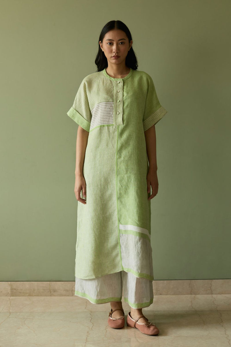Pira Stripe Linen Tunic Kaftan-Meadow linen by Manan in green color for women Worldwide