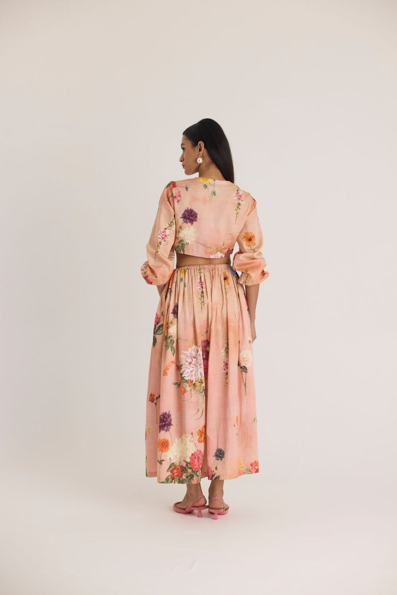 BUTTERCUP BOTH SIDE CUT DRESS satin by Yam in peach color for women Worldwide