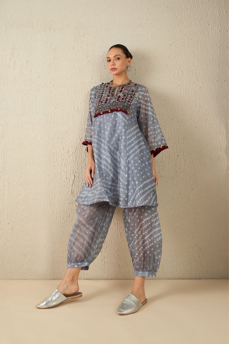 AFGHANI BANDHANI SET - Light Grey silk by Aavidi in yellow color for women Worldwide