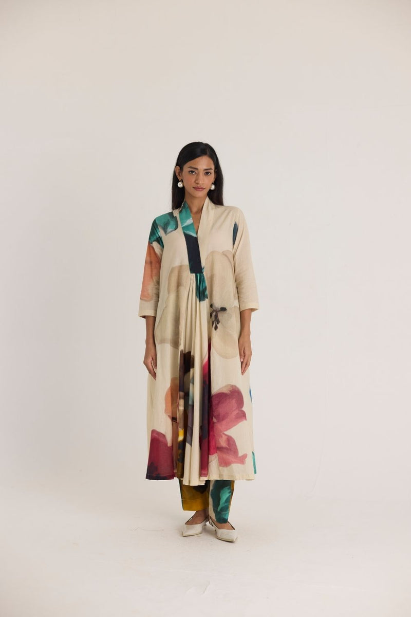 LILA LONG V NECK KURTA cotton by Yam in white color for women Worldwide