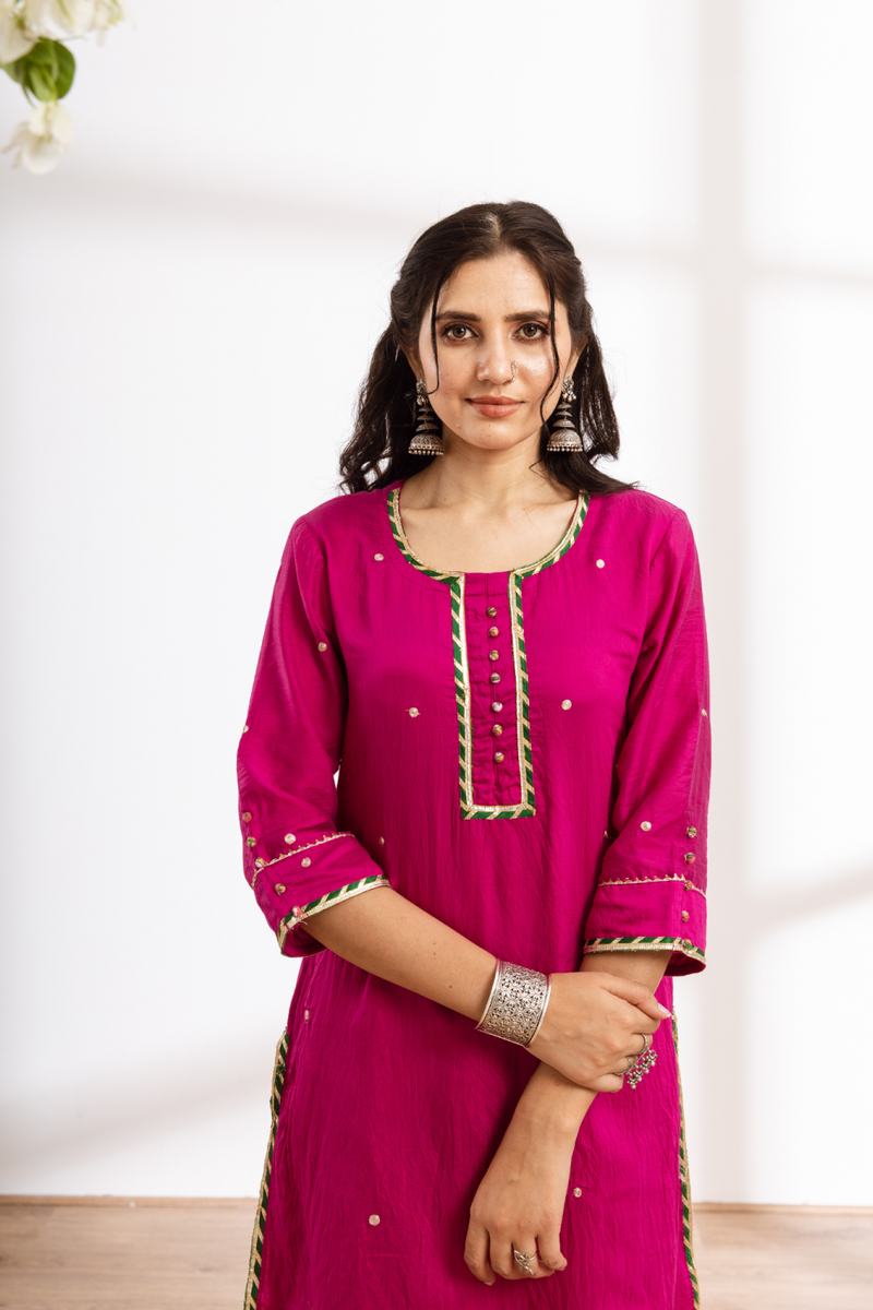 Rasika Gulabi Kurta Set - pink hand block printed chanderi kurta set chanderi by Maison Shefali in pink color for women Worldwide