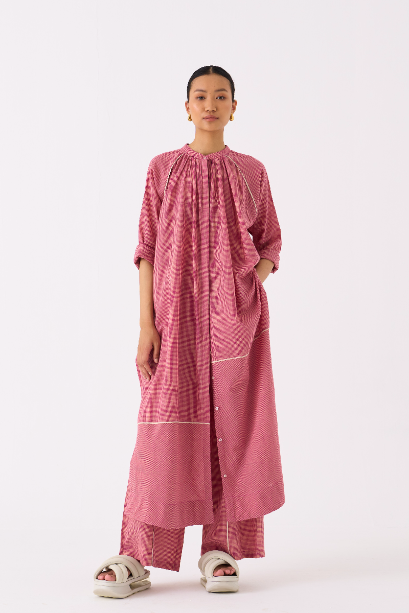 GATHER NECK SHIRT-PINK CHECK mul by THREE in pink color for women Worldwide