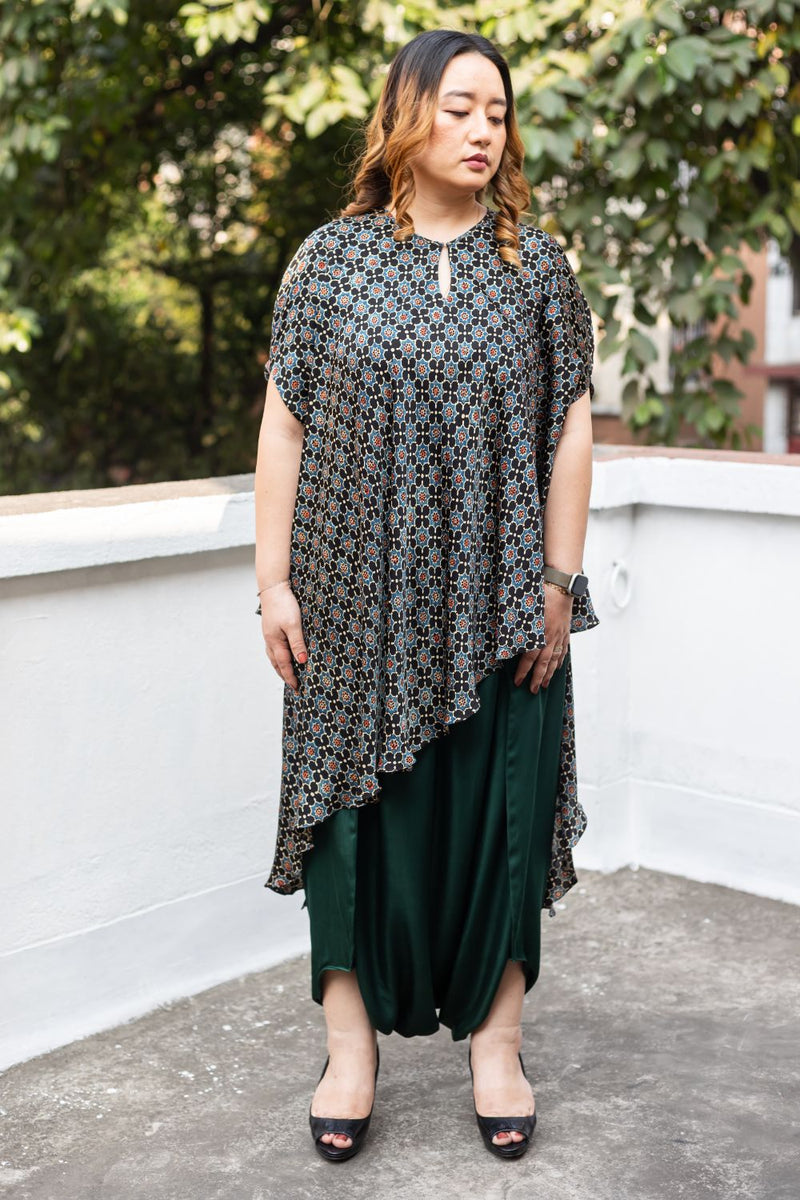 Soho Black Ajrakh Asymmetric Tunic Set (AJGDKRIK) satin by PRAHNAAYA in black color for women Worldwide