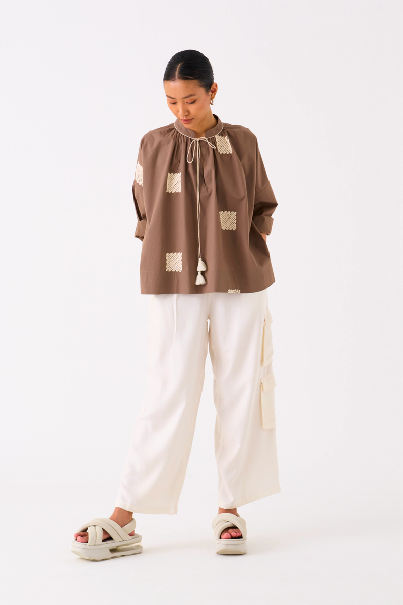 WAVE EMB. TOP CO-ORD 
(SET OF 2)-IVORY/ CEDAR chanderi by THREE for women Worldwide