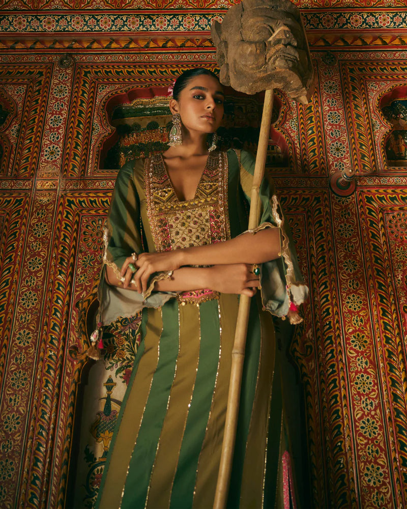 Khel Olive Green Yoke Embellished Kurta Set by Rajiramniq in green color for women Worldwide