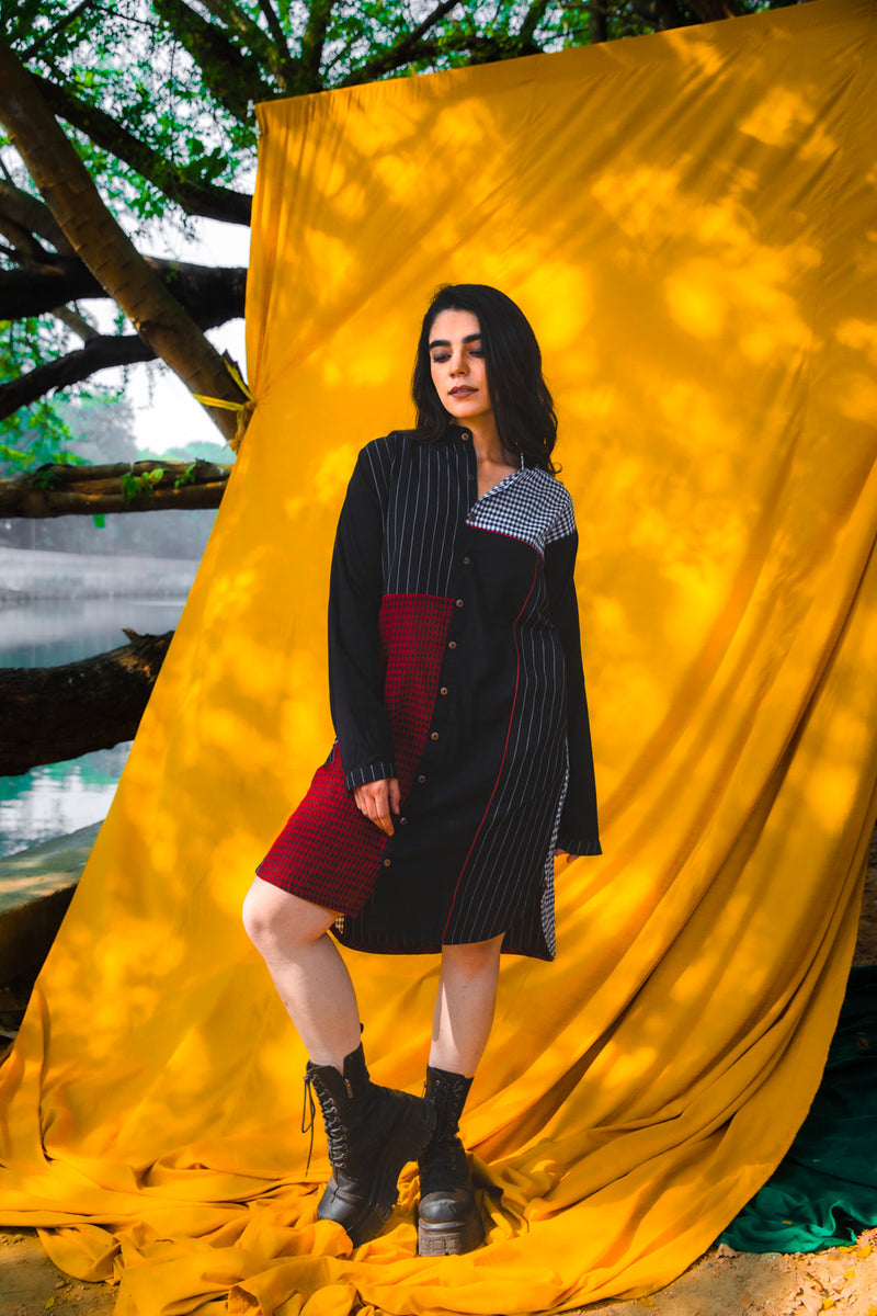 The Checkmate Shirt Dress cotton,gamcha dress by 145 East in black, maroon for women Worldwide