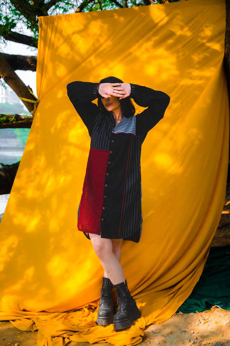 The Checkmate Shirt Dress cotton,gamcha dress by 145 East in black, maroon for women Worldwide