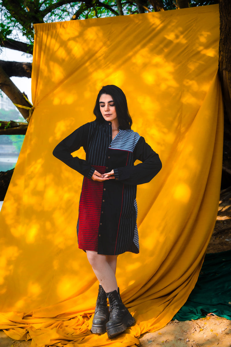 The Checkmate Shirt Dress cotton,gamcha dress by 145 East in black, maroon for women Worldwide