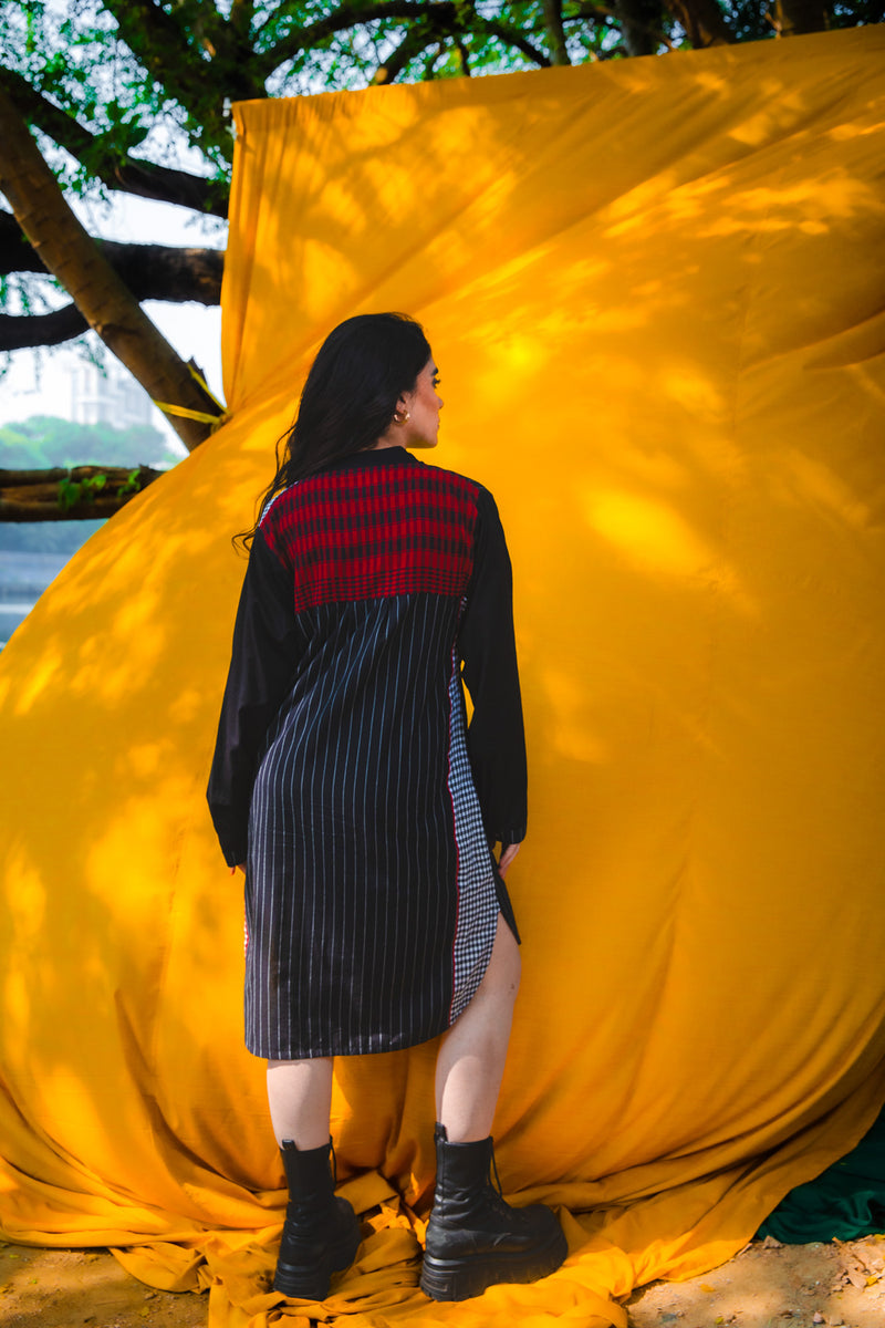 The Checkmate Shirt Dress cotton,gamcha dress by 145 East in black, maroon for women Worldwide
