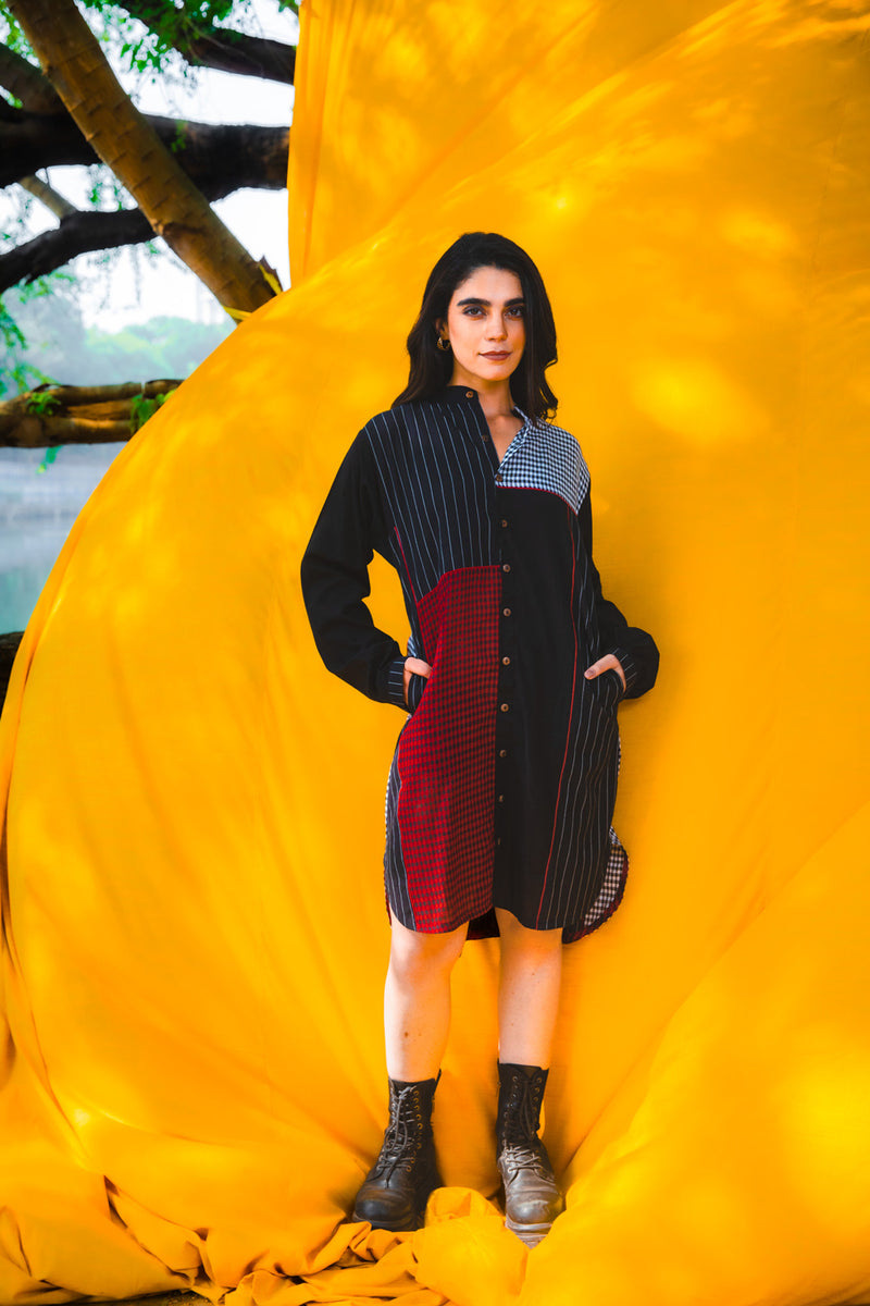 The Checkmate Shirt Dress cotton,gamcha dress by 145 East in black, maroon for women Worldwide