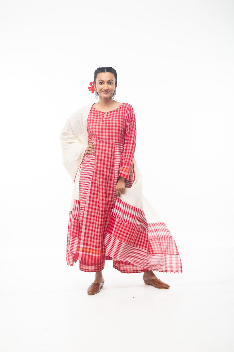 Side Panelled Red Dress + Palazzo + Dupatta (Set of 3) gamcha kurta/kurta set by 145 East in red, white for women Worldwide