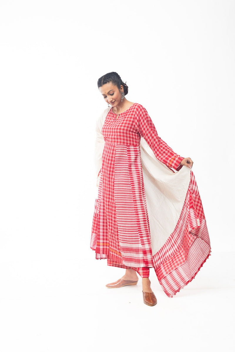 Side Panelled Red Dress + Palazzo + Dupatta (Set of 3) gamcha kurta/kurta set by 145 East in red, white for women Worldwide