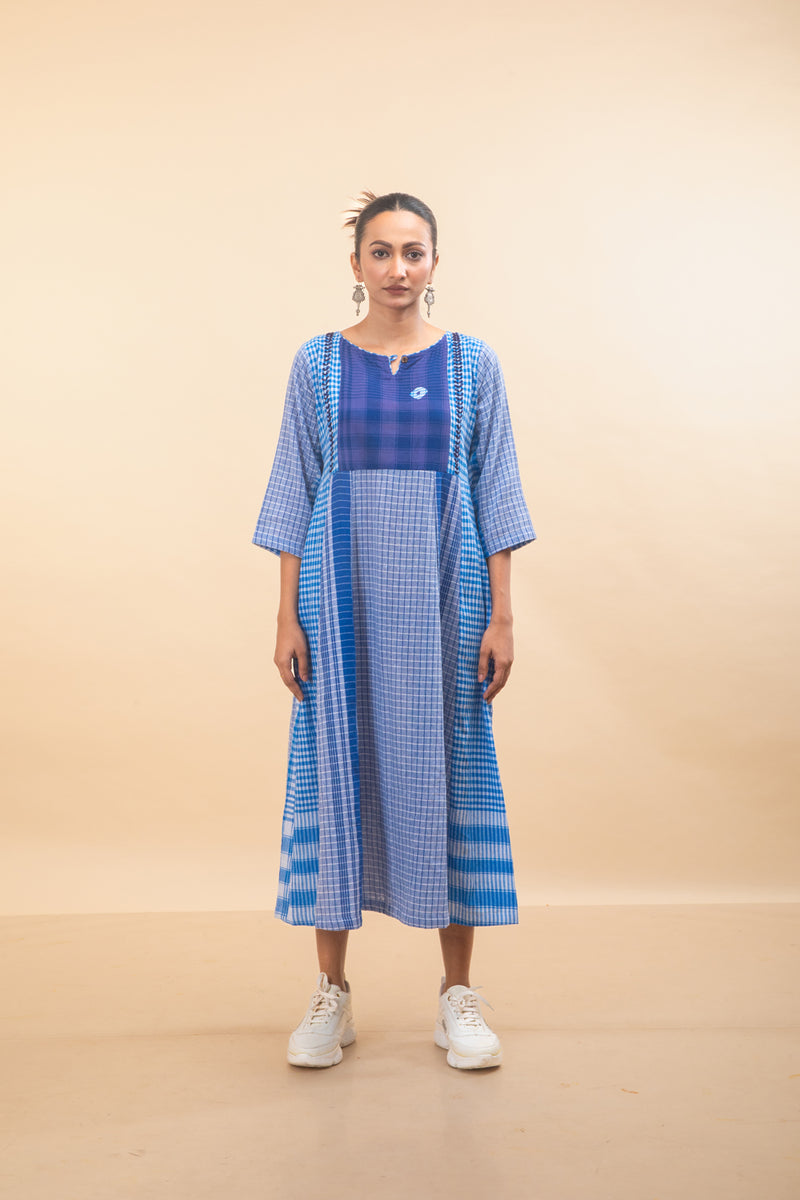 Blue Side Panelled Embroidered Dress gamcha dress by 145 East in blue for women Worldwide