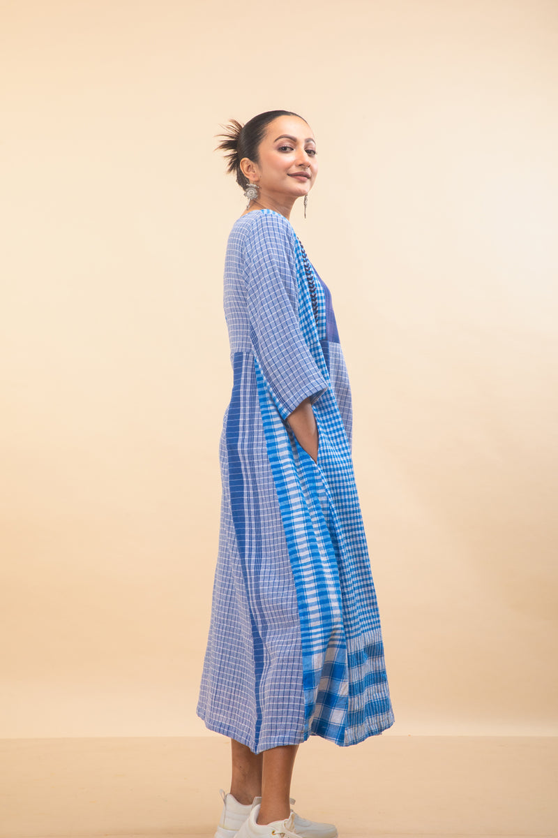Blue Side Panelled Embroidered Dress gamcha dress by 145 East in blue for women Worldwide