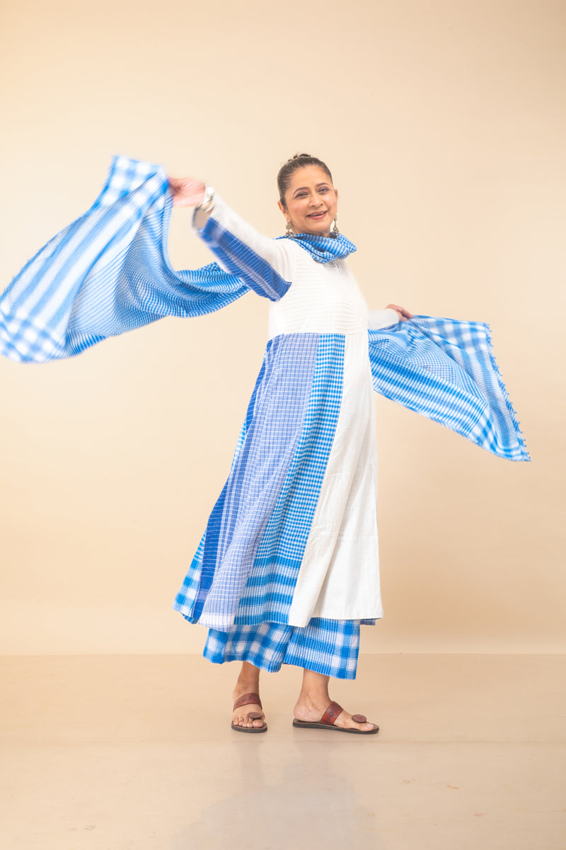 Blue Side Panelled Dress with Pintucks + Palazzo + Dupatta Set cotton,gamcha co-ord set by 145 East in white, blue for women Worldwide