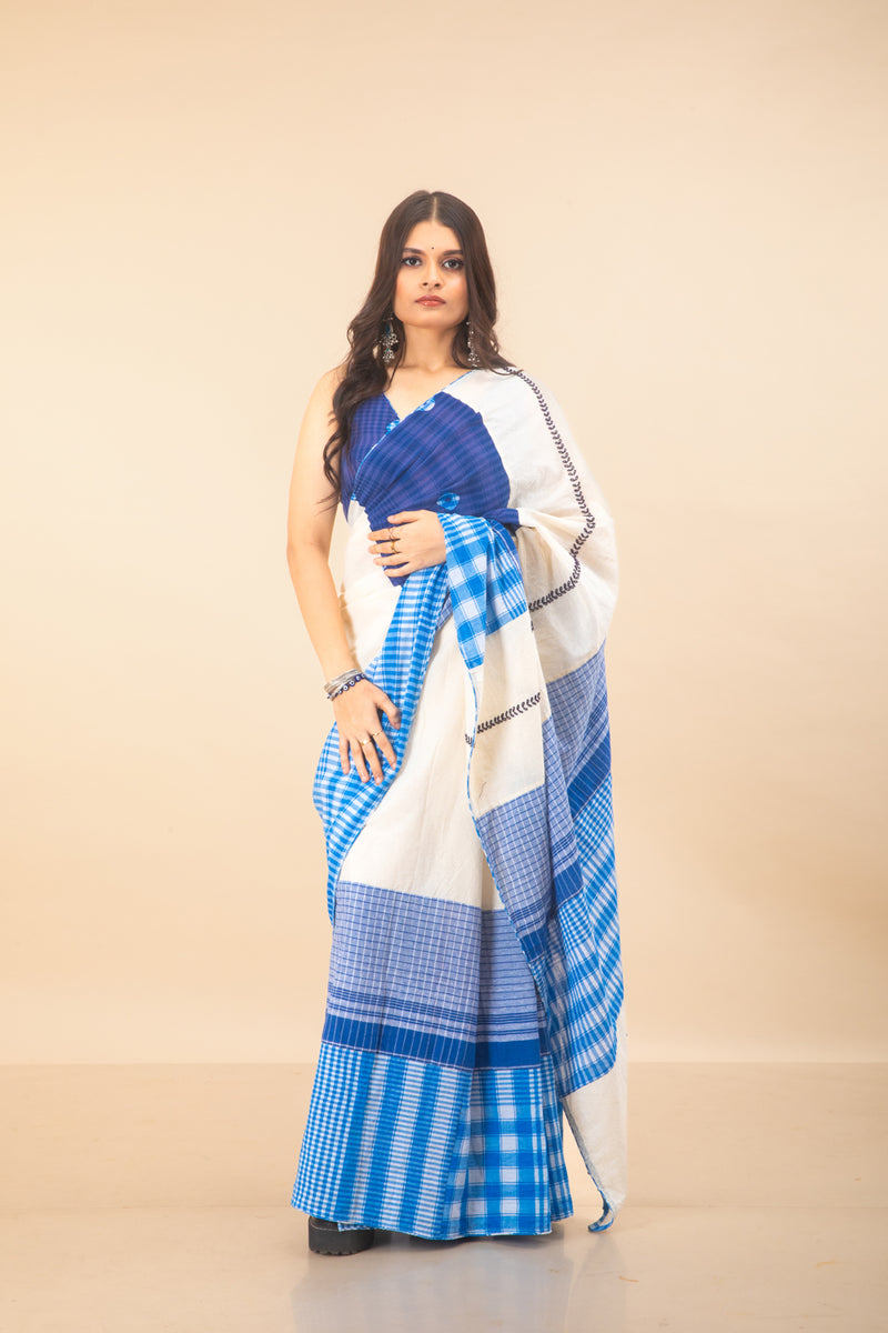 Indigo Grace Saree cotton,gamcha saree by 145 East in white, blue for women Worldwide