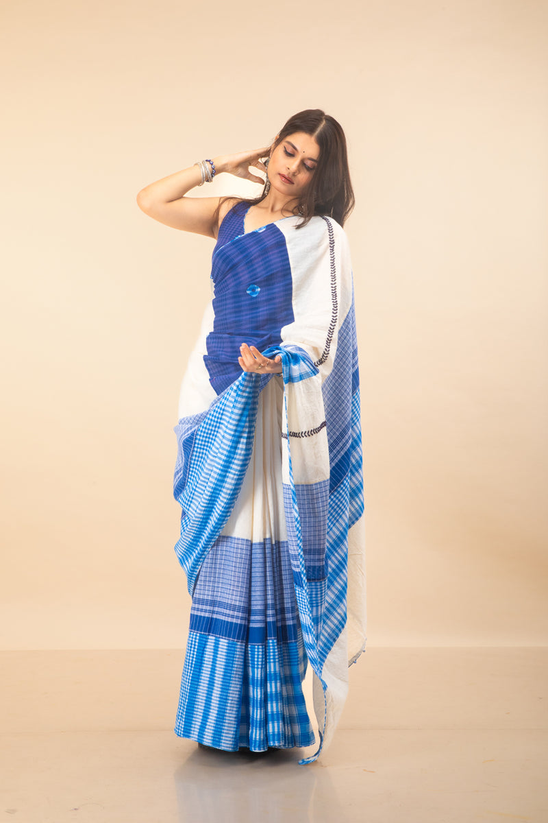 Indigo Grace Saree cotton,gamcha saree by 145 East in white, blue for women Worldwide