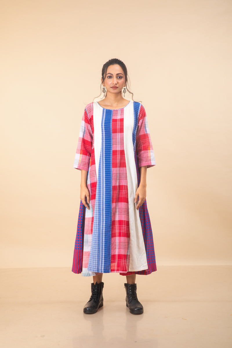 Miss Marvel 16 Panelled Dress cotton,gamcha dress by 145 East in red, blue for women Worldwide