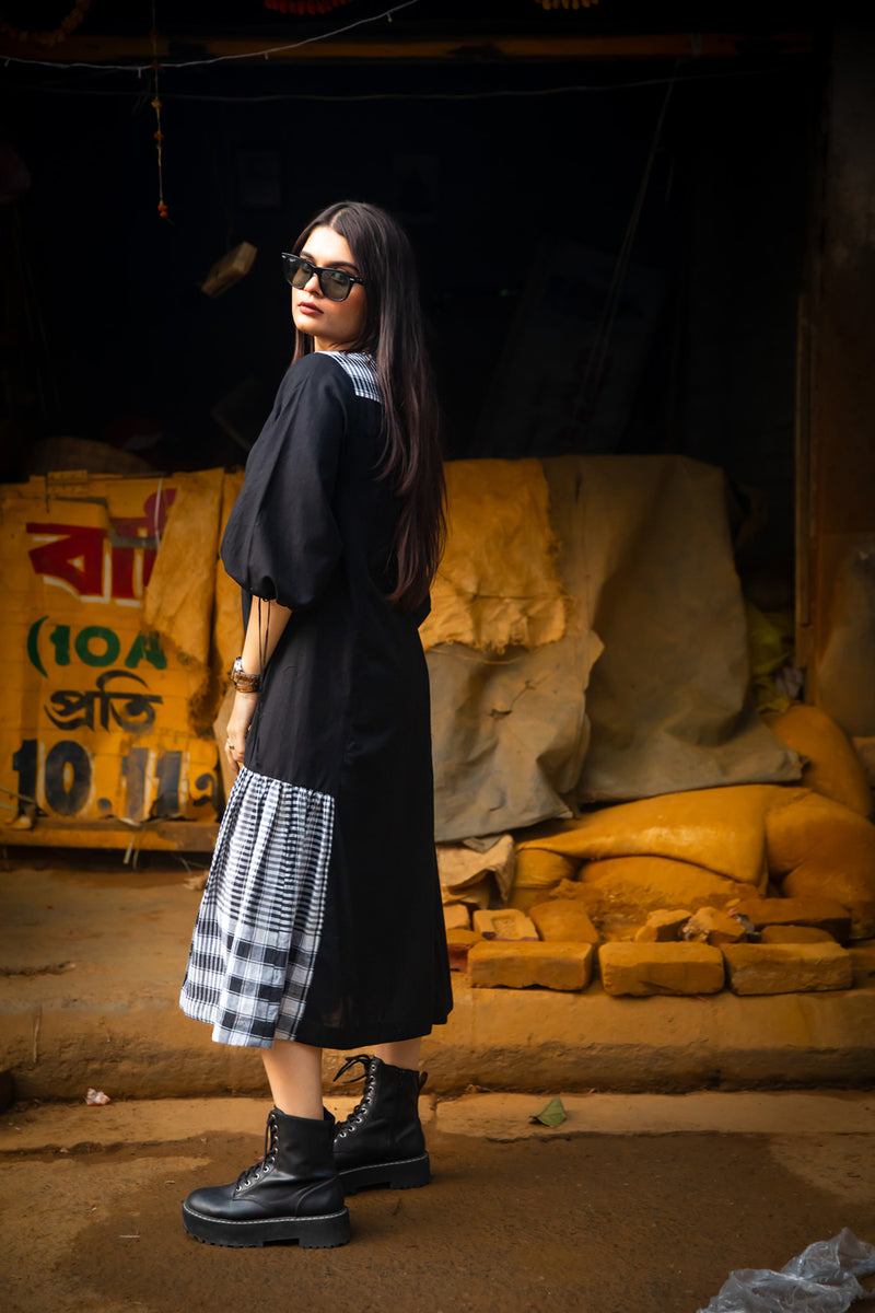 The Magpie Robin Dress cotton,gamcha dress by 145 East in black for women Worldwide
