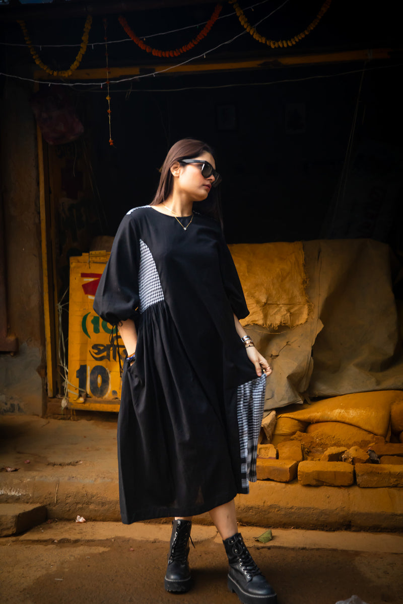 The Magpie Robin Dress cotton,gamcha dress by 145 East in black for women Worldwide
