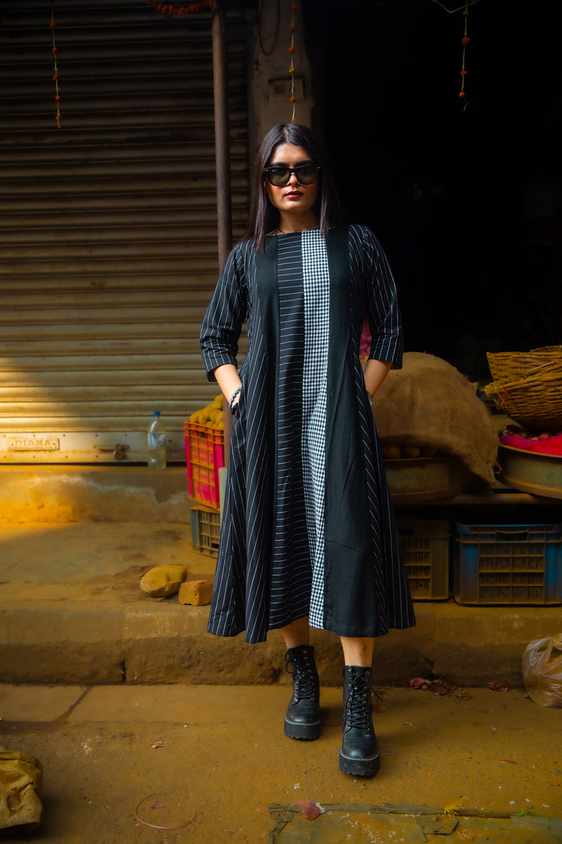 The Widowmaker- Striped Black Dress cotton,gamcha dress by 145 East in black for women Worldwide
