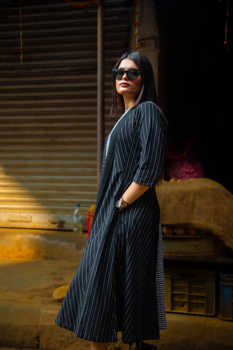 The Widowmaker- Striped Black Dress cotton,gamcha dress by 145 East in black for women Worldwide