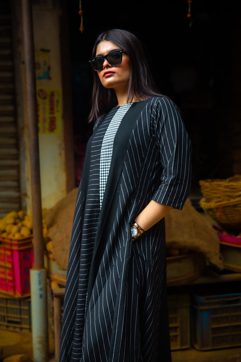 The Widowmaker- Striped Black Dress cotton,gamcha dress by 145 East in black for women Worldwide