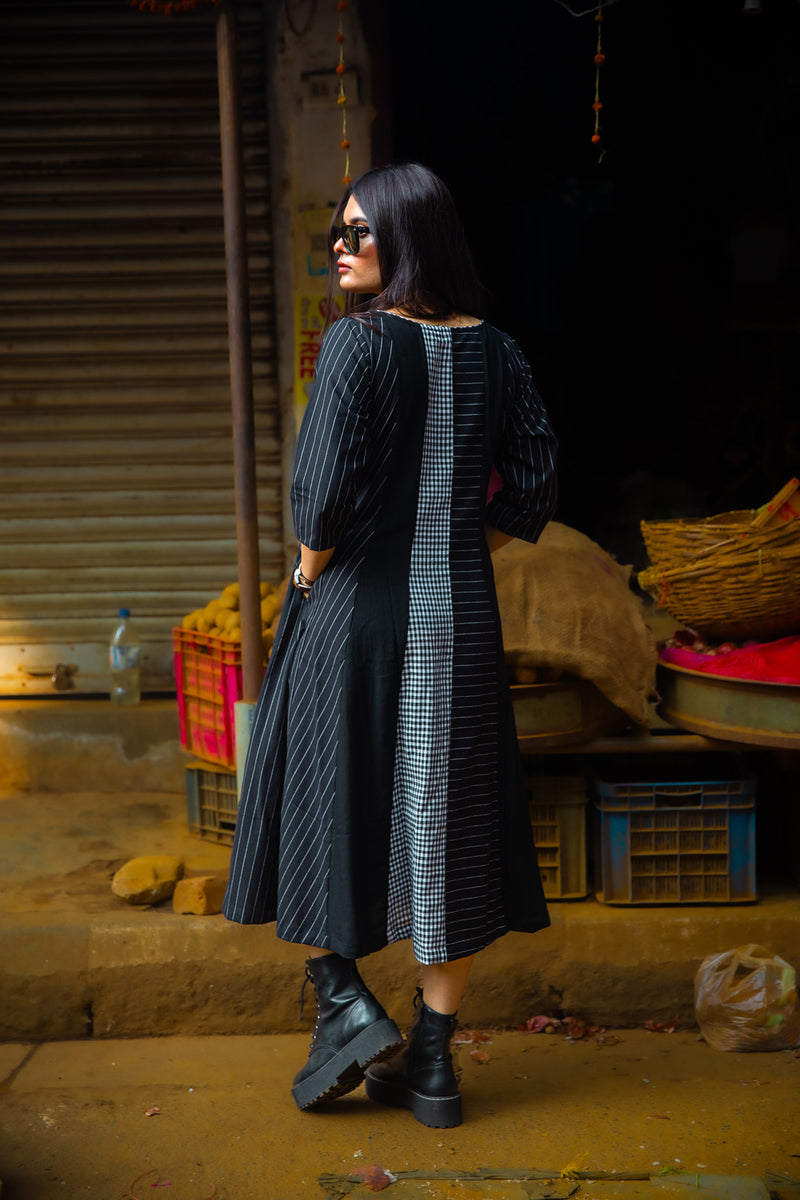 The Widowmaker- Striped Black Dress cotton,gamcha dress by 145 East in black for women Worldwide