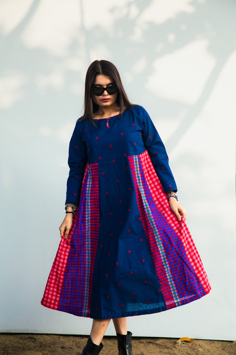 Cerulean Echo Dress cotton,gamcha dress by 145 East in blue, purple for women Worldwide